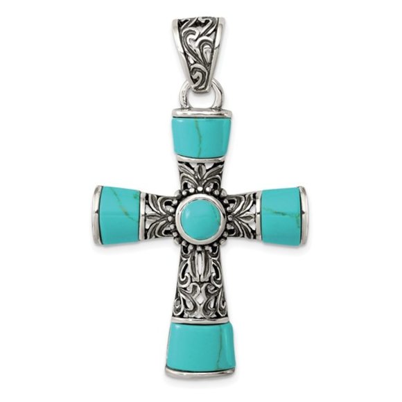 925 Sterling Silver Large Chunky Synthetic Turquoise Antiqued Cross Pendant - Picture 2 of 7